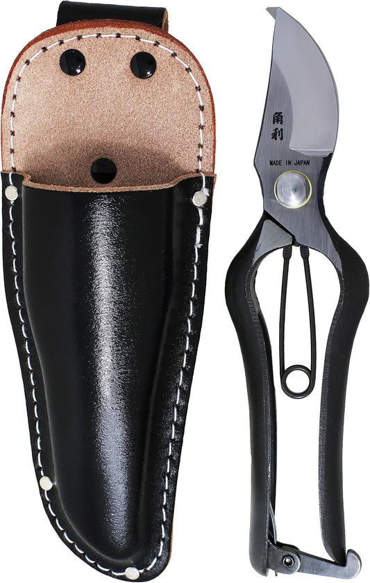 Japanese Pruning Shears for Gardening Heavy Duty 8", Made in JAPAN, Professional Garden Bypass Pruners with Leather Sheath, Hand Forged Japanese Carbon Steel, Black