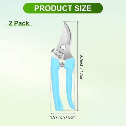 2-Pack Bypass Pruning Shears for Garden, 6.7 Inch Sharp Stainless Steel Curved Garden Scissors for Gardening/Branch/Flower Plant, Heavy Duty Hand Pruner [Blue]