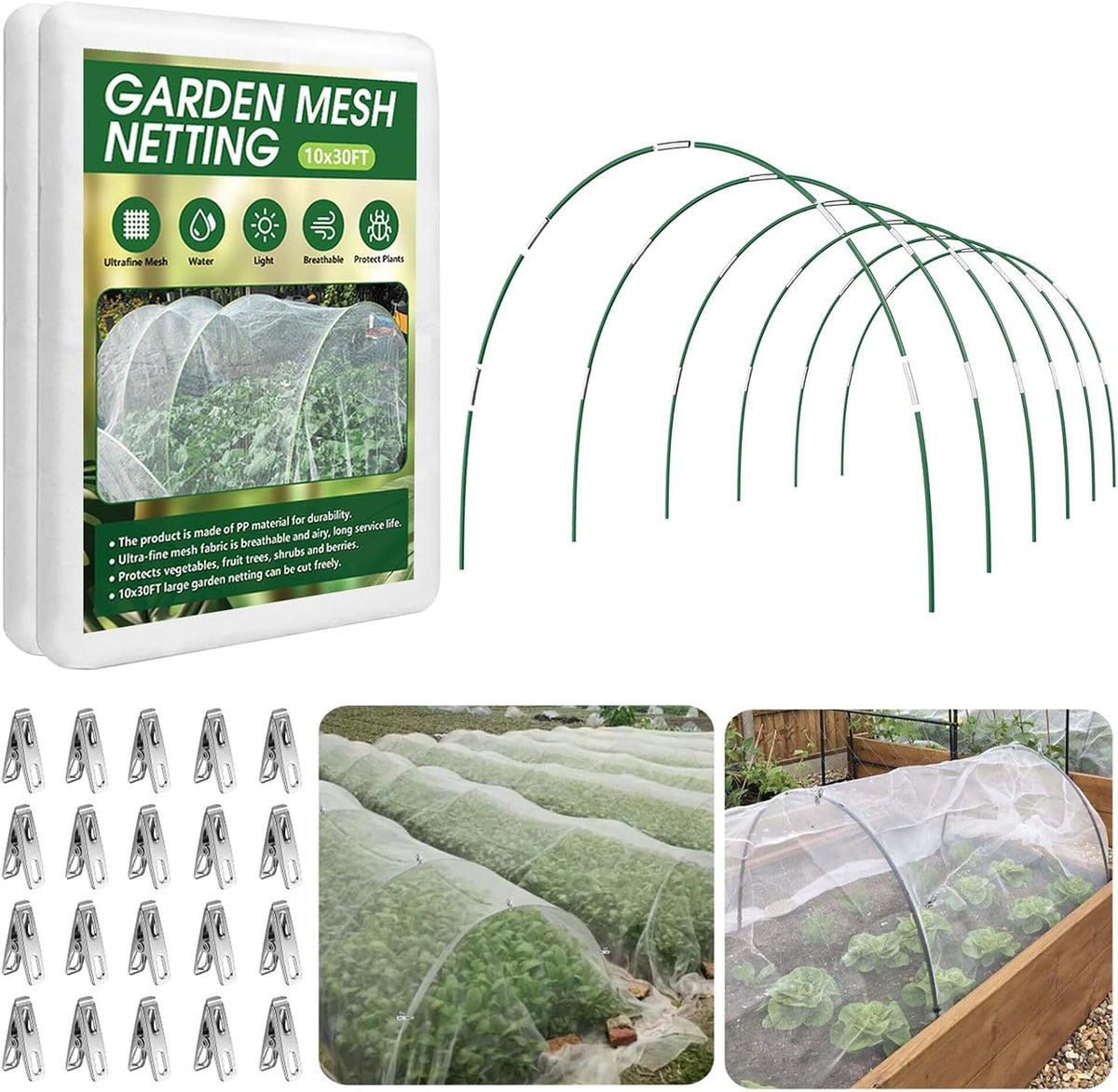 Garden Netting Kit for Raised Beds, 10x30FT Ultra Fine Mesh Netting＆ 6 Sets of 8FT Fiberglass Garden Hoops, Row Cover Insect Netting for Vegetable Plant Fruit Flowers Protection