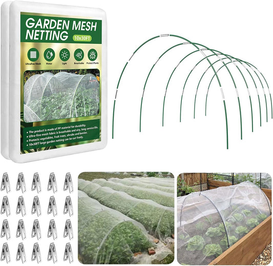Garden Netting Kit for Raised Beds, 10x30FT Ultra Fine Mesh Netting＆ 6 Sets of 8FT Fiberglass Garden Hoops, Row Cover Insect Netting for Vegetable Plant Fruit Flowers Protection