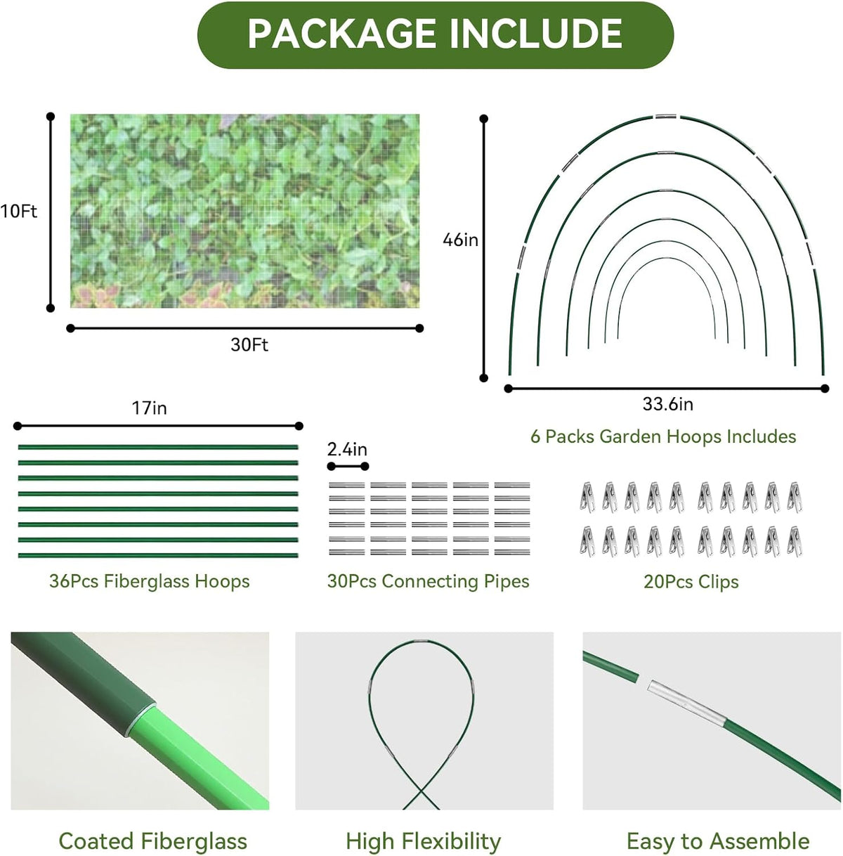 Garden Netting Kit for Raised Beds, 10x30FT Ultra Fine Mesh Netting＆ 6 Sets of 8FT Fiberglass Garden Hoops, Row Cover Insect Netting for Vegetable Plant Fruit Flowers Protection