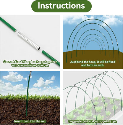 Garden Netting Kit for Raised Beds, 10x30FT Ultra Fine Mesh Netting＆ 6 Sets of 8FT Fiberglass Garden Hoops, Row Cover Insect Netting for Vegetable Plant Fruit Flowers Protection
