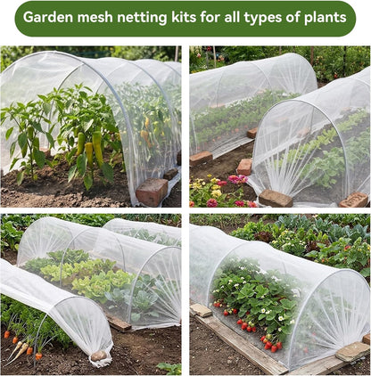 Garden Netting Kit for Raised Beds, 10x30FT Ultra Fine Mesh Netting＆ 6 Sets of 8FT Fiberglass Garden Hoops, Row Cover Insect Netting for Vegetable Plant Fruit Flowers Protection