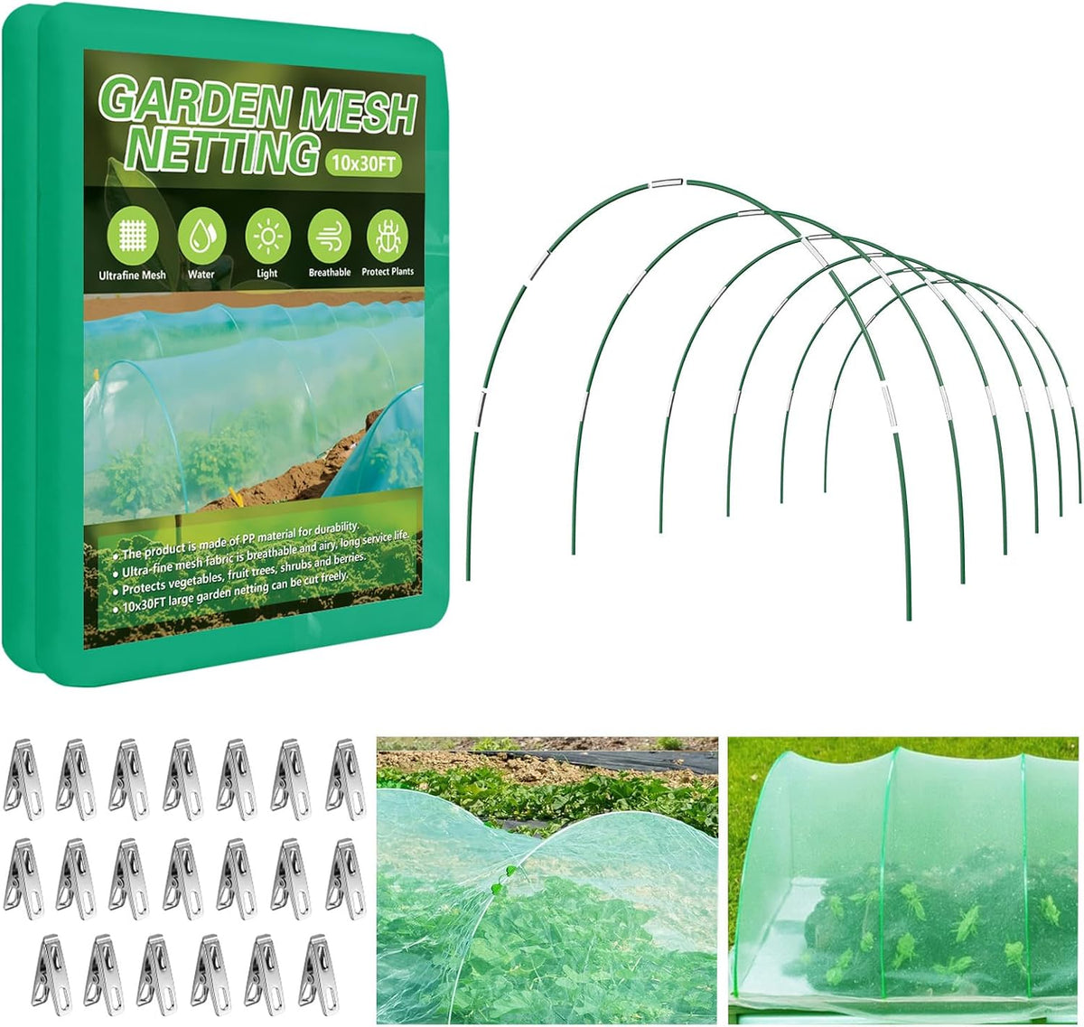 Garden Netting Kit for Raised Beds, 10x30FT Ultra Fine Mesh Netting＆ 6 Sets of 8FT Fiberglass Garden Hoops, Row Cover Insect Netting for Vegetable Plant Fruit Flowers Protection