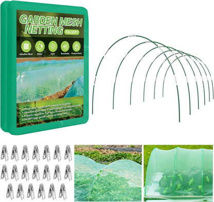 Garden Netting Kit for Raised Beds, 10x30FT Ultra Fine Mesh Netting＆ 6 Sets of 8FT Fiberglass Garden Hoops, Row Cover Insect Netting for Vegetable Plant Fruit Flowers Protection