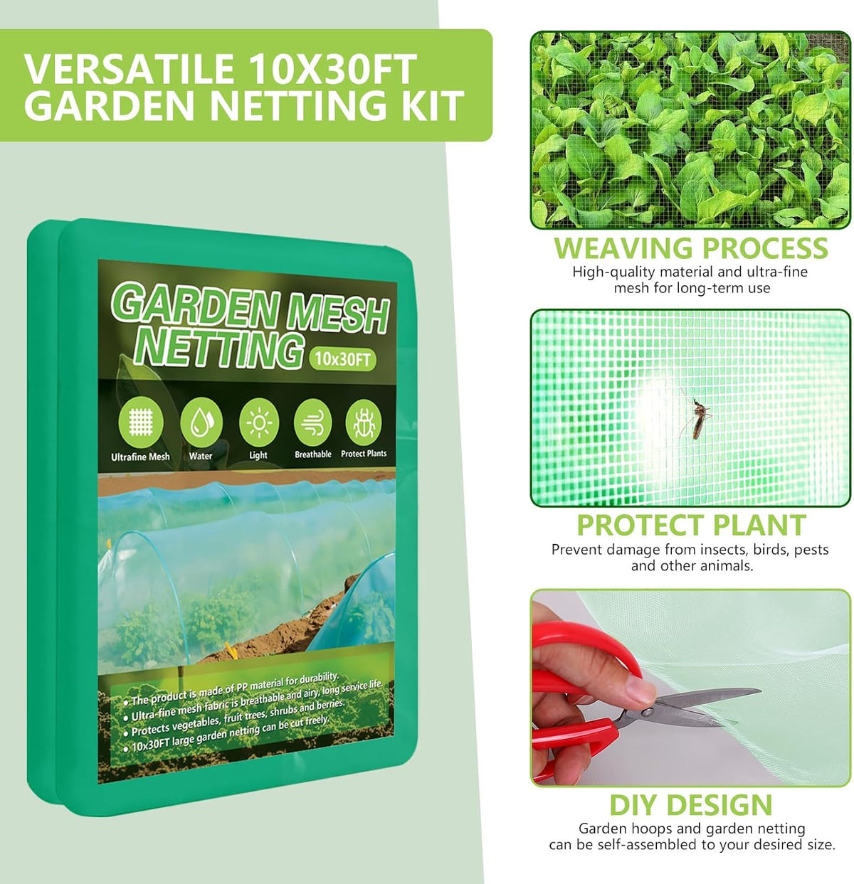 Garden Netting Kit for Raised Beds, 10x30FT Ultra Fine Mesh Netting＆ 6 Sets of 8FT Fiberglass Garden Hoops, Row Cover Insect Netting for Vegetable Plant Fruit Flowers Protection
