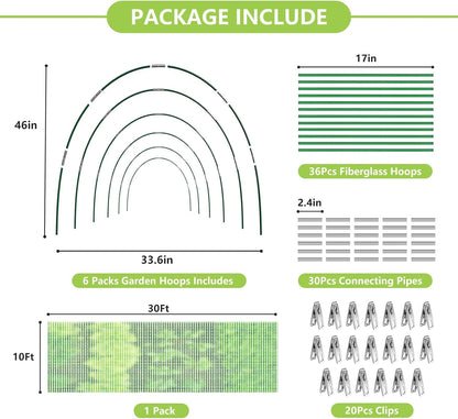 Garden Netting Kit for Raised Beds, 10x30FT Ultra Fine Mesh Netting＆ 6 Sets of 8FT Fiberglass Garden Hoops, Row Cover Insect Netting for Vegetable Plant Fruit Flowers Protection