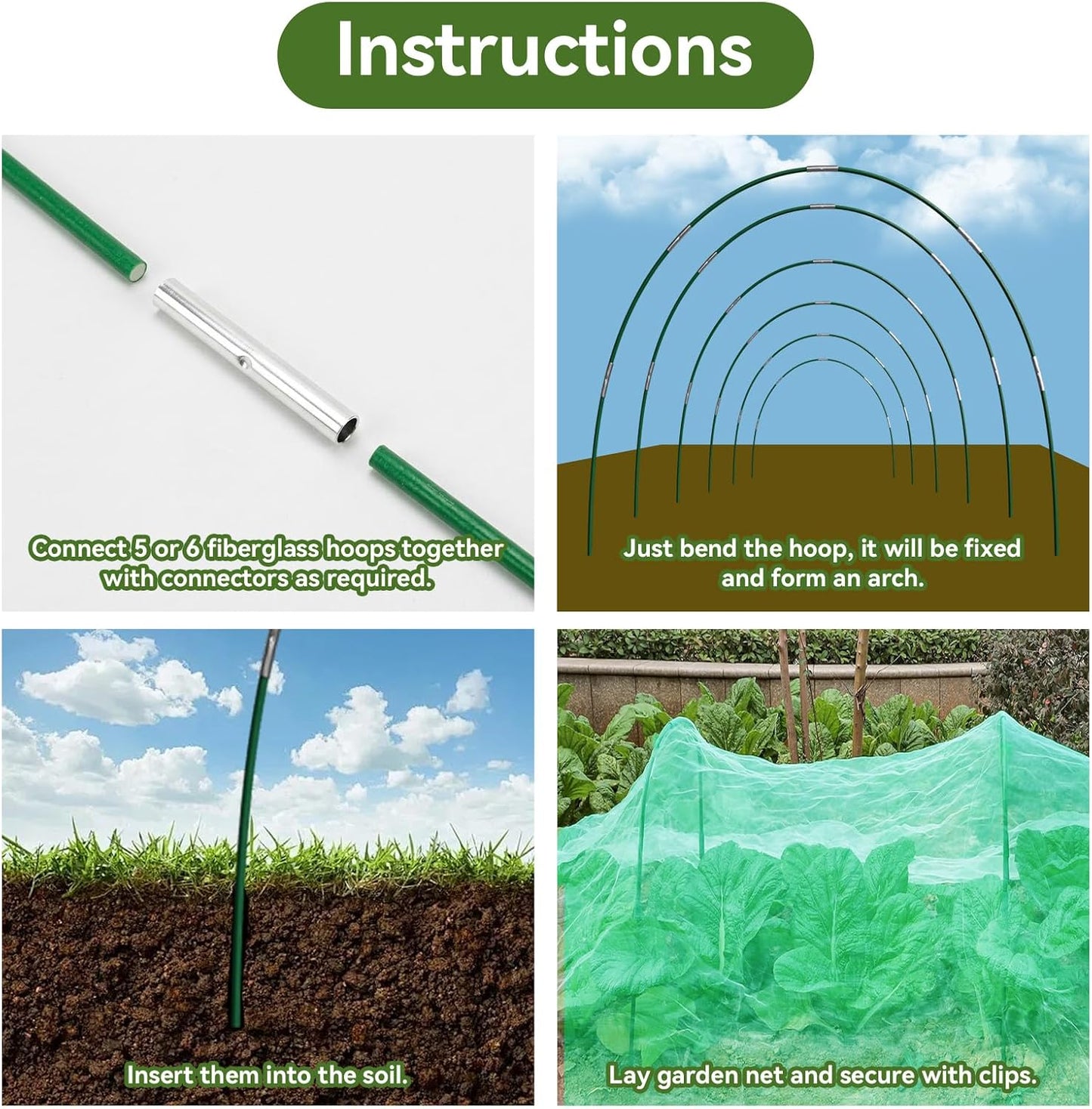 Garden Netting Kit for Raised Beds, 10x30FT Ultra Fine Mesh Netting＆ 6 Sets of 8FT Fiberglass Garden Hoops, Row Cover Insect Netting for Vegetable Plant Fruit Flowers Protection