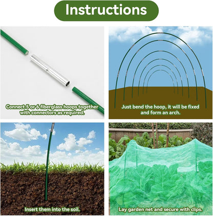 Garden Netting Kit for Raised Beds, 10x30FT Ultra Fine Mesh Netting＆ 6 Sets of 8FT Fiberglass Garden Hoops, Row Cover Insect Netting for Vegetable Plant Fruit Flowers Protection