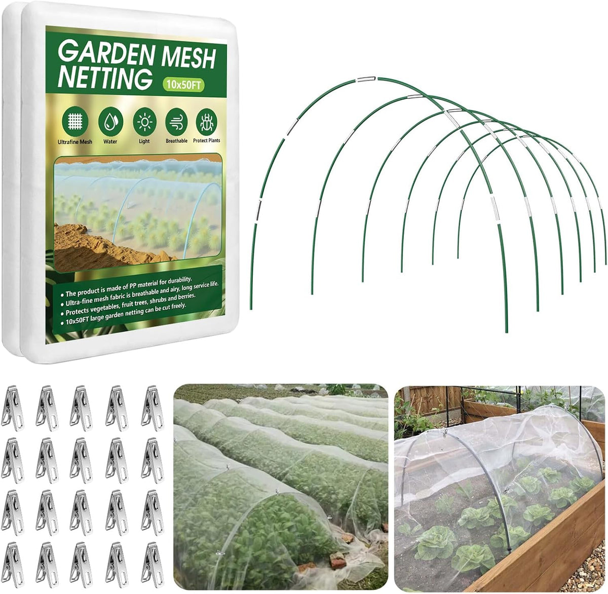 Garden Netting Kit for Raised Beds, 10x30FT Ultra Fine Mesh Netting＆ 6 Sets of 8FT Fiberglass Garden Hoops, Row Cover Insect Netting for Vegetable Plant Fruit Flowers Protection