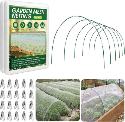 Garden Netting Kit for Raised Beds, 10x30FT Ultra Fine Mesh Netting＆ 6 Sets of 8FT Fiberglass Garden Hoops, Row Cover Insect Netting for Vegetable Plant Fruit Flowers Protection