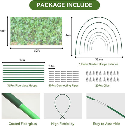 Garden Netting Kit for Raised Beds, 10x30FT Ultra Fine Mesh Netting＆ 6 Sets of 8FT Fiberglass Garden Hoops, Row Cover Insect Netting for Vegetable Plant Fruit Flowers Protection