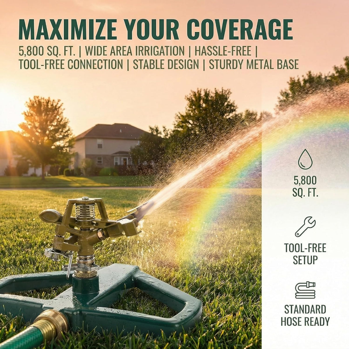 Impact Lawn Sprinkler, 360 Rotating Pulsating Metal Base for Yard & Garden