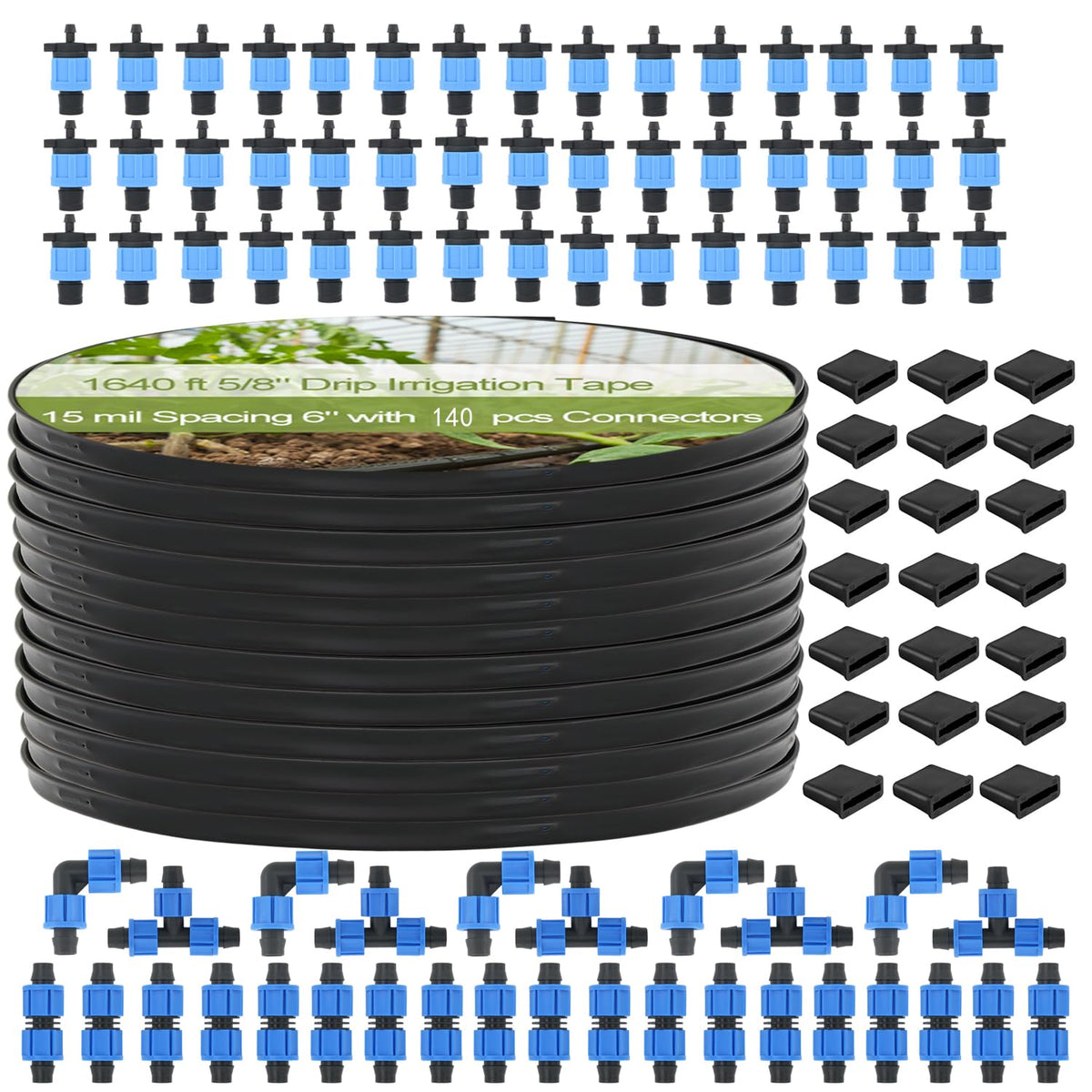 1640 ft 5/8" Drip Irrigation Tape Kit 15 mil Emitter Spacing 6" Flat Drip Tape with 140 PCS Drip Tape Connectors Automatic Irrigation Equipment for Garden Irrigation Emitter Flow:0.79 GPH
