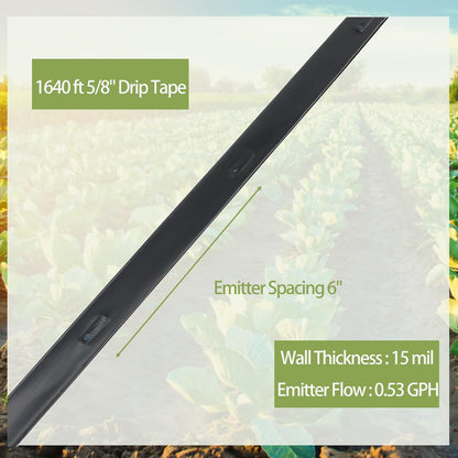 1640 ft 5/8" Drip Irrigation Tape Kit 15 mil Emitter Spacing 6" Flat Drip Tape with 140 PCS Drip Tape Connectors Automatic Irrigation Equipment for Garden Irrigation Emitter Flow:0.79 GPH