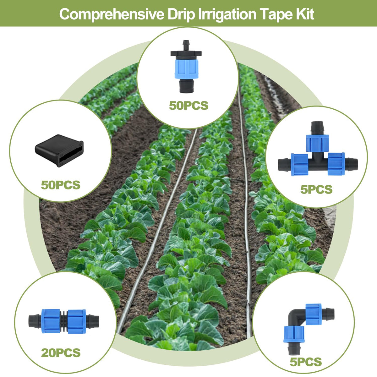1640 ft 5/8" Drip Irrigation Tape Kit 15 mil Emitter Spacing 6" Flat Drip Tape with 140 PCS Drip Tape Connectors Automatic Irrigation Equipment for Garden Irrigation Emitter Flow:0.79 GPH