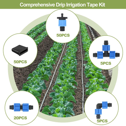 1640 ft 5/8" Drip Irrigation Tape Kit 15 mil Emitter Spacing 6" Flat Drip Tape with 140 PCS Drip Tape Connectors Automatic Irrigation Equipment for Garden Irrigation Emitter Flow:0.79 GPH