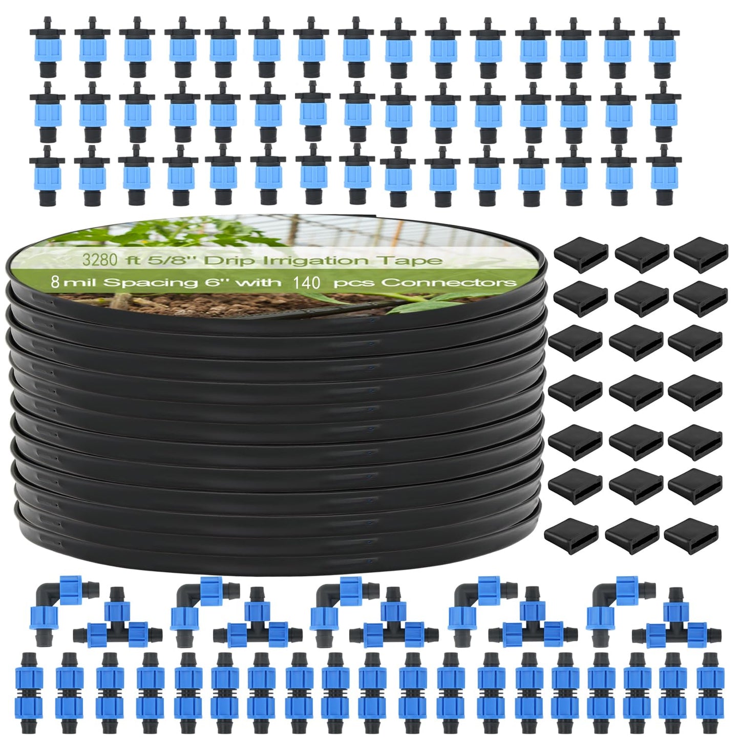 1640 ft 5/8" Drip Irrigation Tape Kit 15 mil Emitter Spacing 6" Flat Drip Tape with 140 PCS Drip Tape Connectors Automatic Irrigation Equipment for Garden Irrigation Emitter Flow:0.79 GPH
