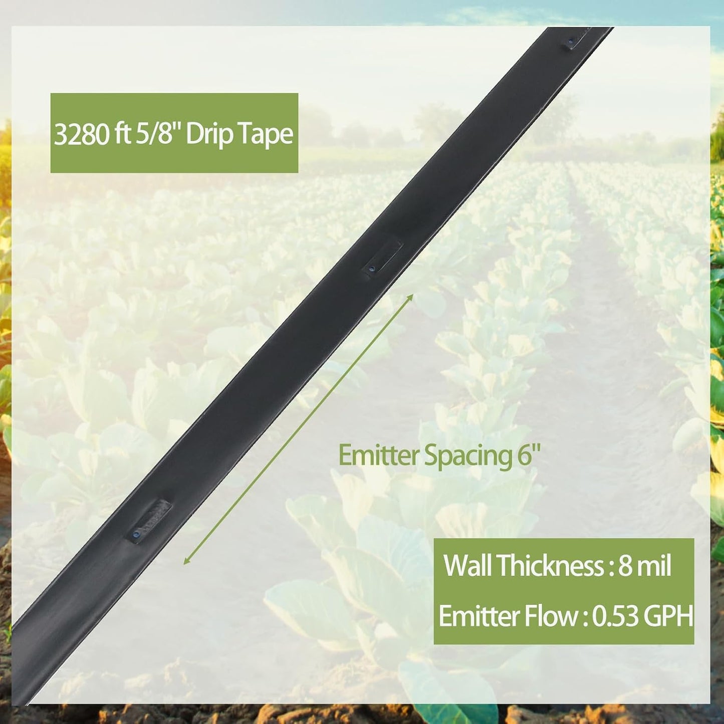 1640 ft 5/8" Drip Irrigation Tape Kit 15 mil Emitter Spacing 6" Flat Drip Tape with 140 PCS Drip Tape Connectors Automatic Irrigation Equipment for Garden Irrigation Emitter Flow:0.79 GPH