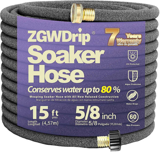15FT 5/8" Water-Saving Soaker Hose with Solid Brass Connectors, High-Flow Drip Irrigation for Lawn & Yard