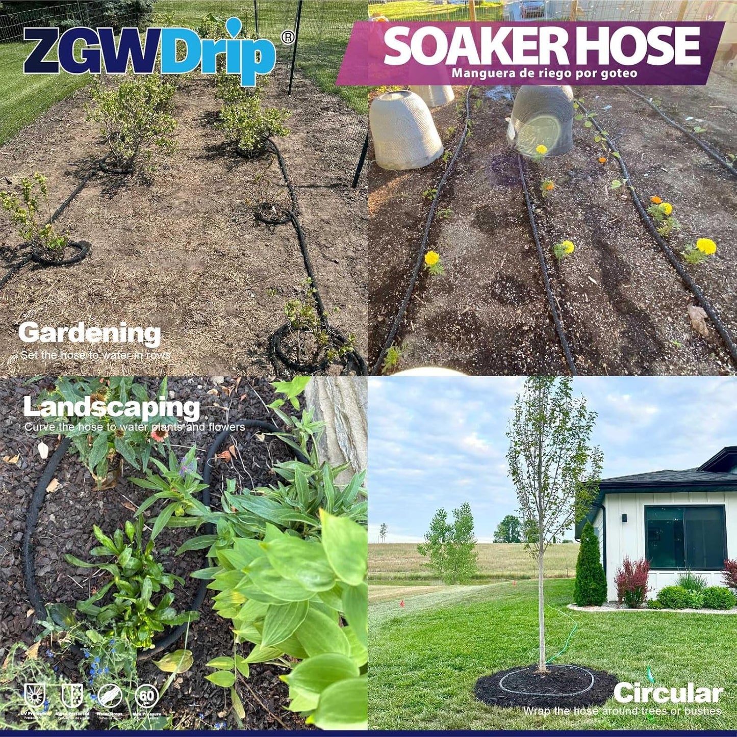 15FT 5/8" Water-Saving Soaker Hose with Solid Brass Connectors, High-Flow Drip Irrigation for Lawn & Yard