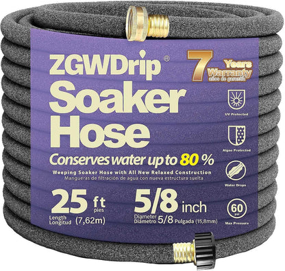 15FT 5/8" Water-Saving Soaker Hose with Solid Brass Connectors, High-Flow Drip Irrigation for Lawn & Yard