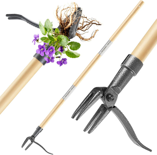 Weed Puller Tool, Stand Up Heavy Duty Weed Remover Tool with Long Handle & 4-Claw Steel Head, Bamboo Garden Hand Weeding Tool - Easily Remove Weeds Without Bending, Pulling,or Kneeling