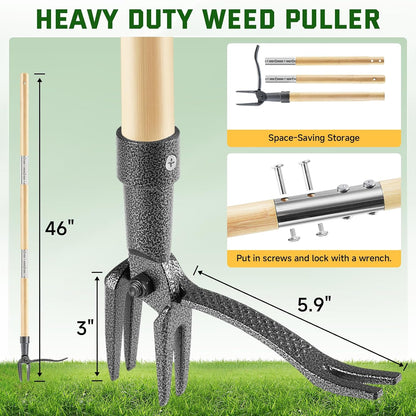Weed Puller Tool, Stand Up Heavy Duty Weed Remover Tool with Long Handle & 4-Claw Steel Head, Bamboo Garden Hand Weeding Tool - Easily Remove Weeds Without Bending, Pulling,or Kneeling