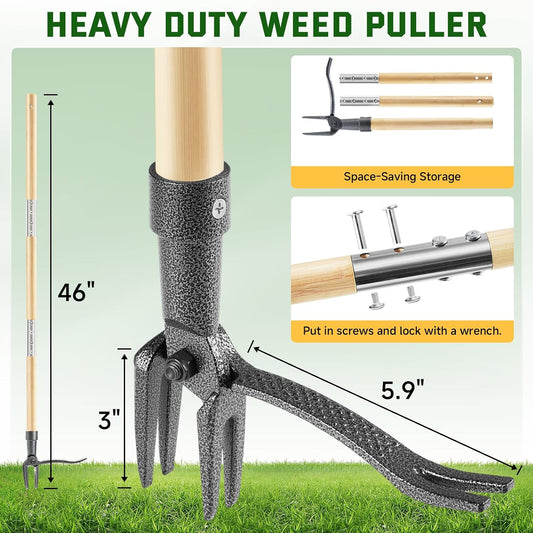 Weed Puller Tool, Stand Up Heavy Duty Weed Remover Tool with Long Handle & 4-Claw Steel Head, Bamboo Garden Hand Weeding Tool - Easily Remove Weeds Without Bending, Pulling,or Kneeling