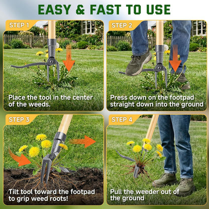 Weed Puller Tool, Stand Up Heavy Duty Weed Remover Tool with Long Handle & 4-Claw Steel Head, Bamboo Garden Hand Weeding Tool - Easily Remove Weeds Without Bending, Pulling,or Kneeling