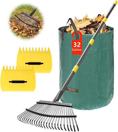Rake for Leaves - 25 Tines Heavy Duty Metal Rake Set with Leaf Scoops & Collector Bag, Adjustable Rakes for Lawns, 3-in-1 Leaf Collection Tool for Efficient Yard Pine Needle Grass Cleanup 5FT