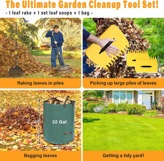 Rake for Leaves - 25 Tines Heavy Duty Metal Rake Set with Leaf Scoops & Collector Bag, Adjustable Rakes for Lawns, 3-in-1 Leaf Collection Tool for Efficient Yard Pine Needle Grass Cleanup 5FT