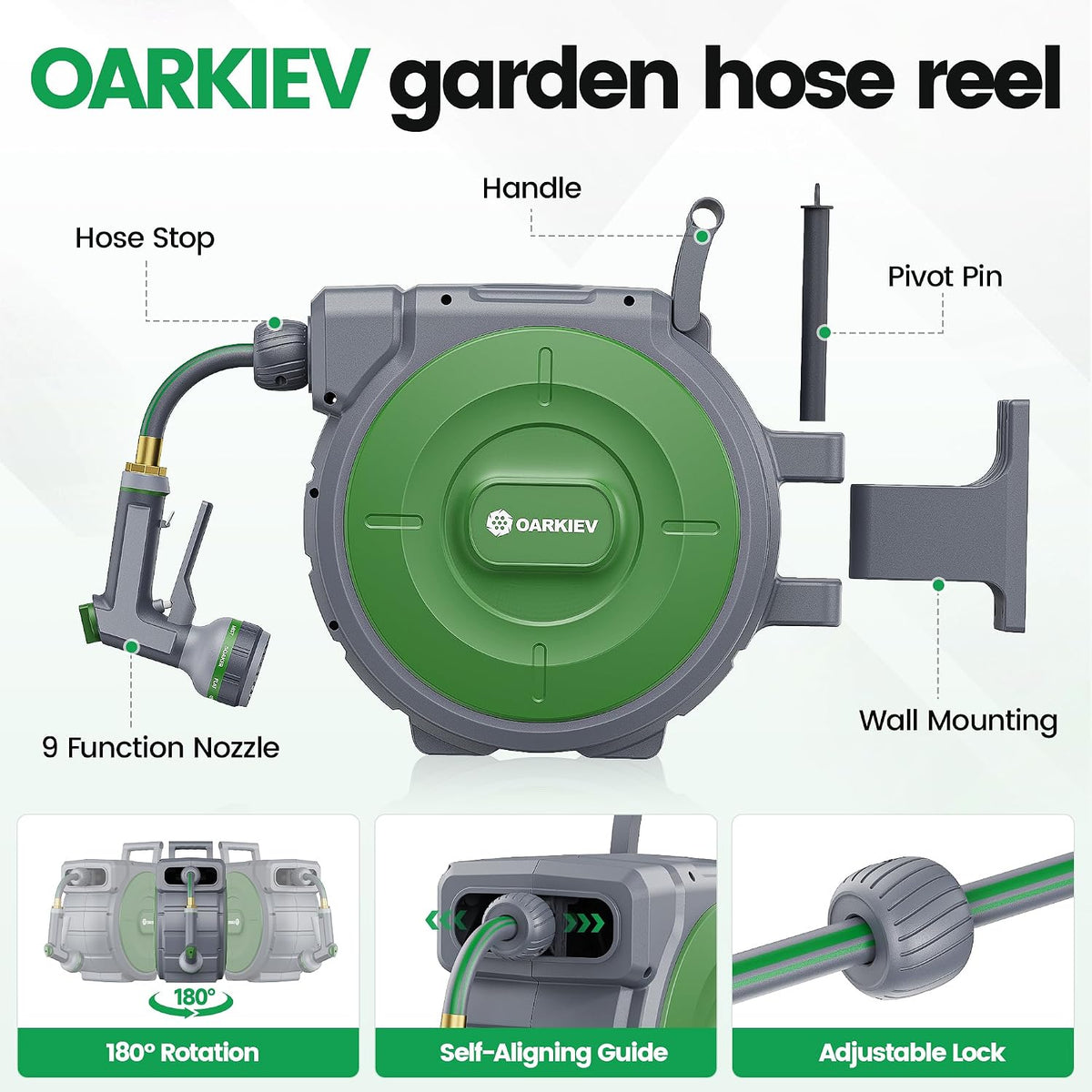 Garden Retractable Hose Reel, 1/2 Inch x 100 ft Wall Mounted Garden Hose Reel with Any Length Lock, Upgraded Slow Return System and 180°Swivel Bracket