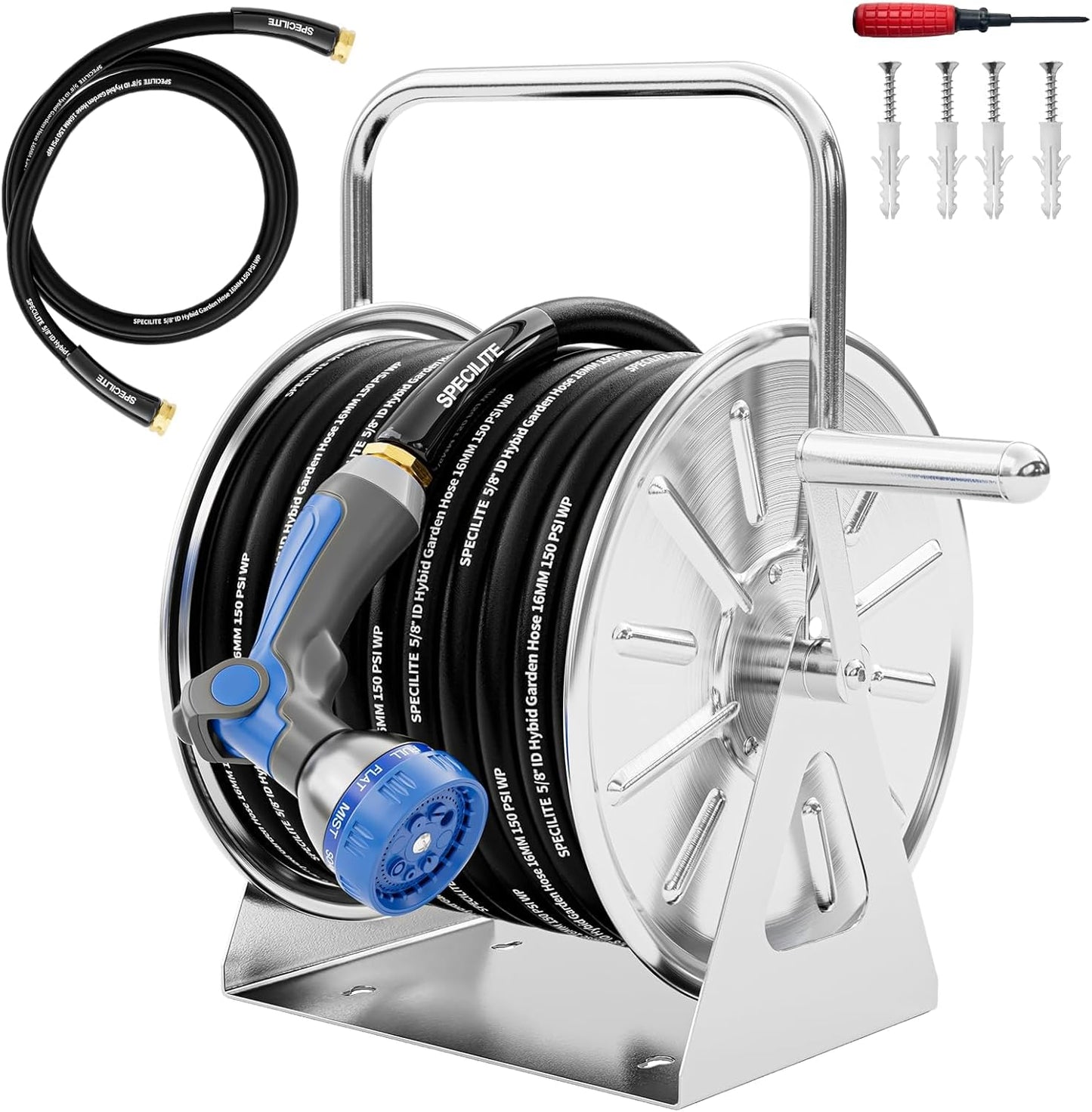 Stainless Steel Garden Hose Reel, 5/8" 75FT Hybrid Rubber Hose