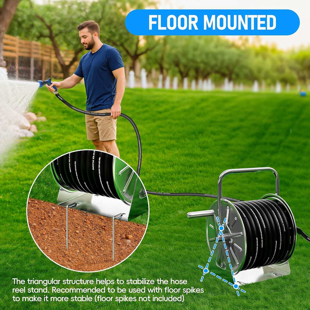 Stainless Steel Garden Hose Reel, 5/8" 75FT Hybrid Rubber Hose