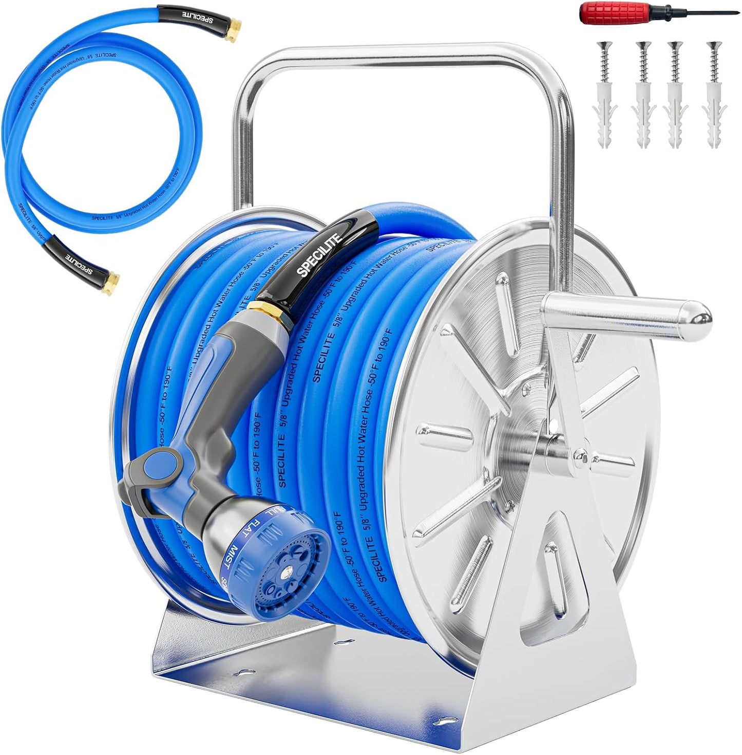 Stainless Steel Garden Hose Reel, 5/8" 75FT Hybrid Rubber Hose