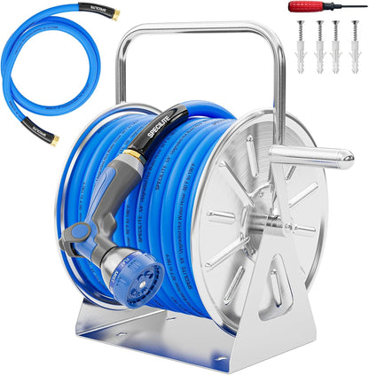 Stainless Steel Garden Hose Reel, 5/8" 75FT Hybrid Rubber Hose