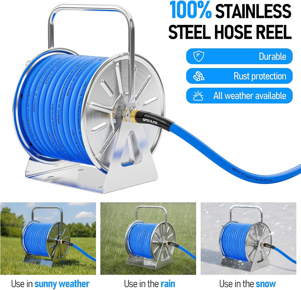 Stainless Steel Garden Hose Reel, 5/8" 75FT Hybrid Rubber Hose