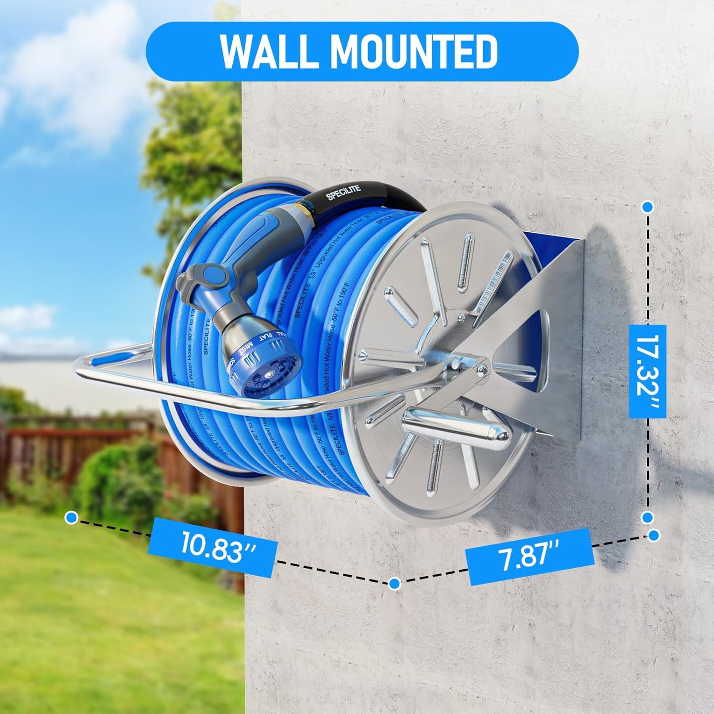 Stainless Steel Garden Hose Reel, 5/8" 75FT Hybrid Rubber Hose