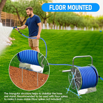 Stainless Steel Garden Hose Reel, 5/8" 75FT Hybrid Rubber Hose