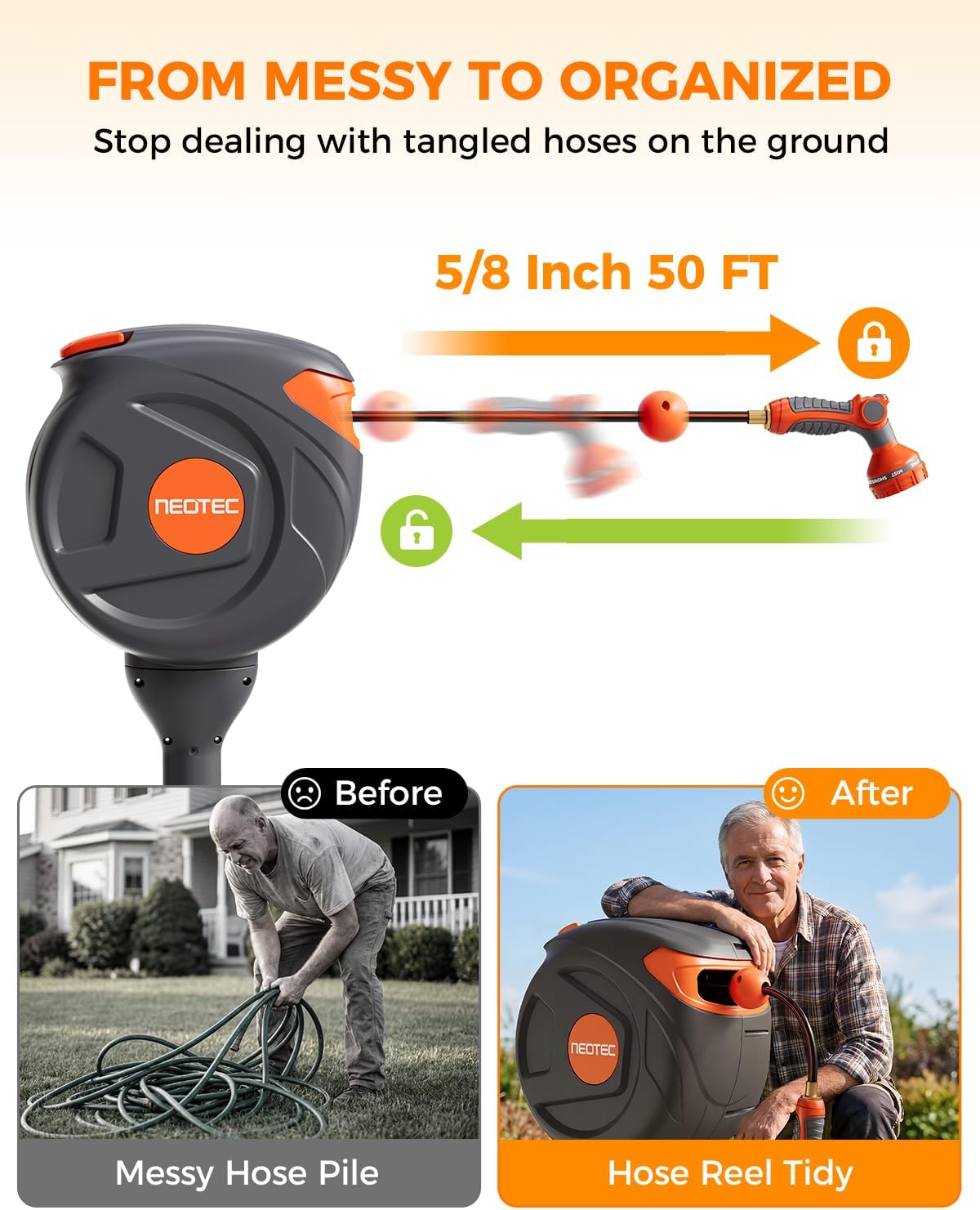 No-Drill Ground-Mounted Retractable Garden Hose Reel 82 ft x 1/2 Inch, Freestanding 360° Swivel Water Hose with Any-Length Lock & Slow Return for Large Yard & Lawn