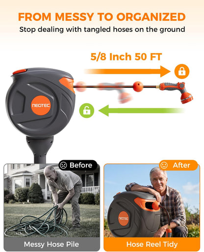 No-Drill Ground-Mounted Retractable Garden Hose Reel 82 ft x 1/2 Inch, Freestanding 360° Swivel Water Hose with Any-Length Lock & Slow Return for Large Yard & Lawn