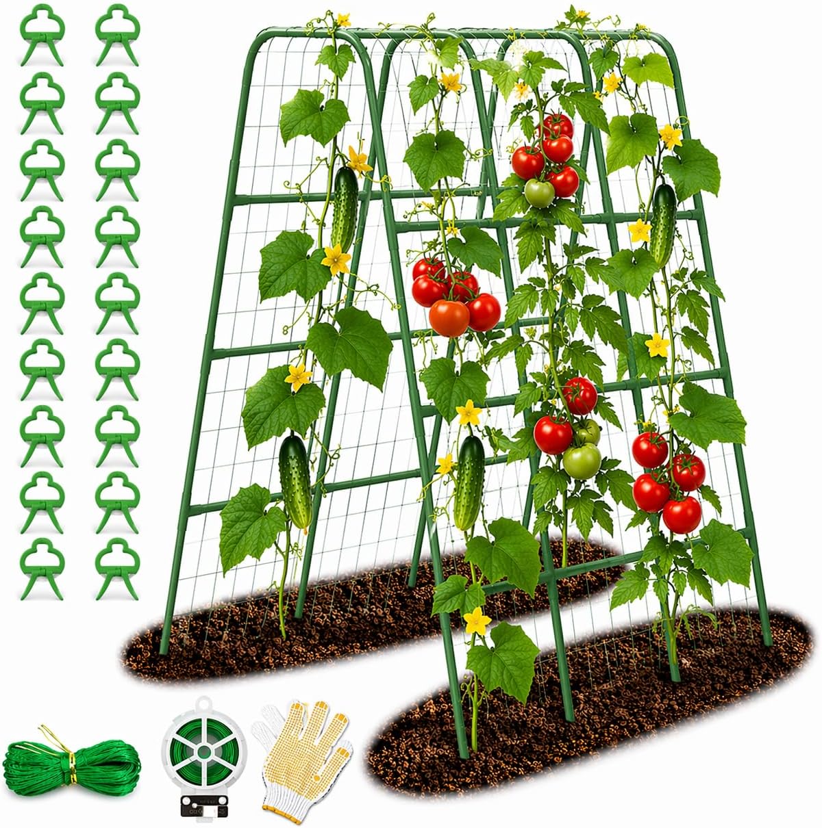 63"/5FT Heavy Duty Cucumber Trellis for Raised Beds, 16mm Metal Garden Trellis with Netting & Clips, Tall Vegetable Trellis for Tomatoes, Beans, Peas & Climbing Plants