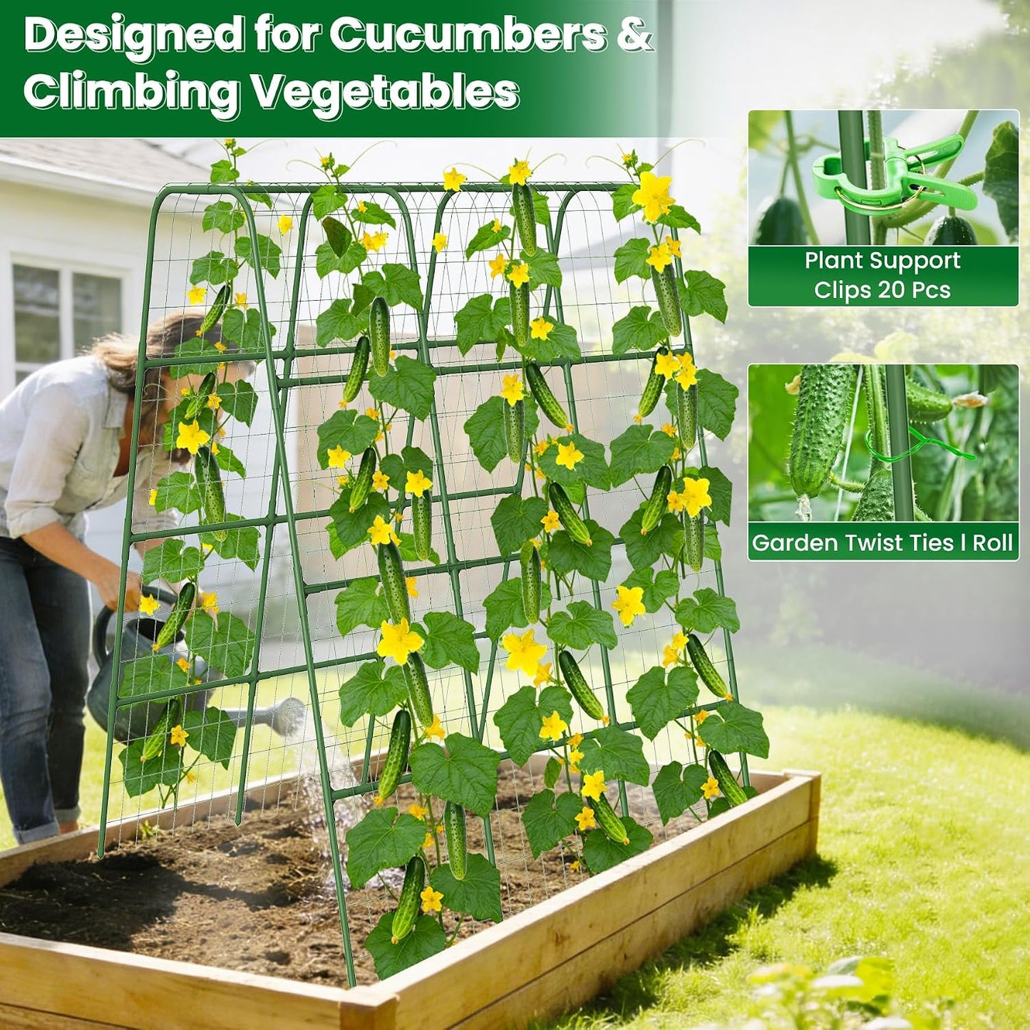 63"/5FT Heavy Duty Cucumber Trellis for Raised Beds, 16mm Metal Garden Trellis with Netting & Clips, Tall Vegetable Trellis for Tomatoes, Beans, Peas & Climbing Plants