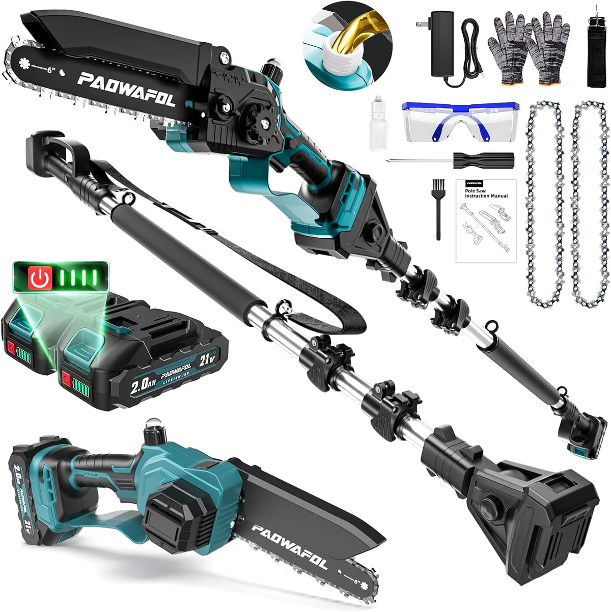 2-in-1 Pole Saws for Tree Trimming, Mini Chainsaw Cordless 6 Inch with 15 FT Max Reach, Electric Pole Saw with 2*21V Batterys, Auto-Oil Brushless Branch Cutter for Tree Trimmer Pole Saw Blue