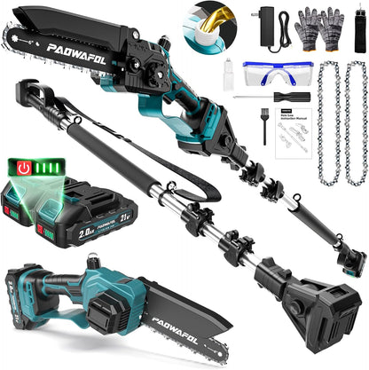 2-in-1 Pole Saws for Tree Trimming, Mini Chainsaw Cordless 6 Inch with 15 FT Max Reach, Electric Pole Saw with 2*21V Batterys, Auto-Oil Brushless Branch Cutter for Tree Trimmer Pole Saw Blue
