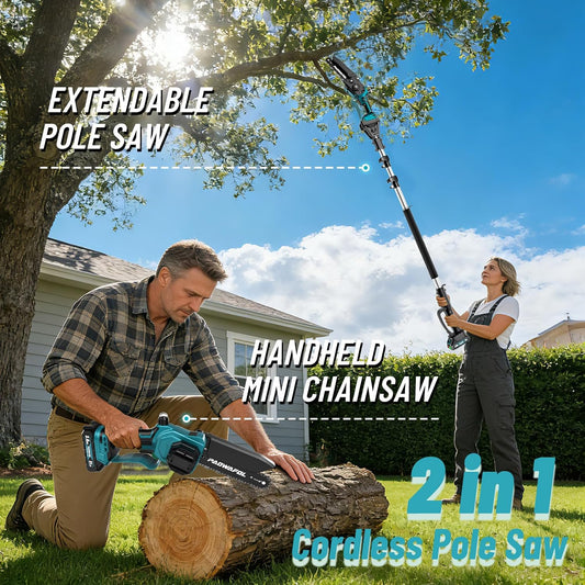 2-in-1 Pole Saws for Tree Trimming, Mini Chainsaw Cordless 6 Inch with 15 FT Max Reach, Electric Pole Saw with 2*21V Batterys, Auto-Oil Brushless Branch Cutter for Tree Trimmer Pole Saw Blue