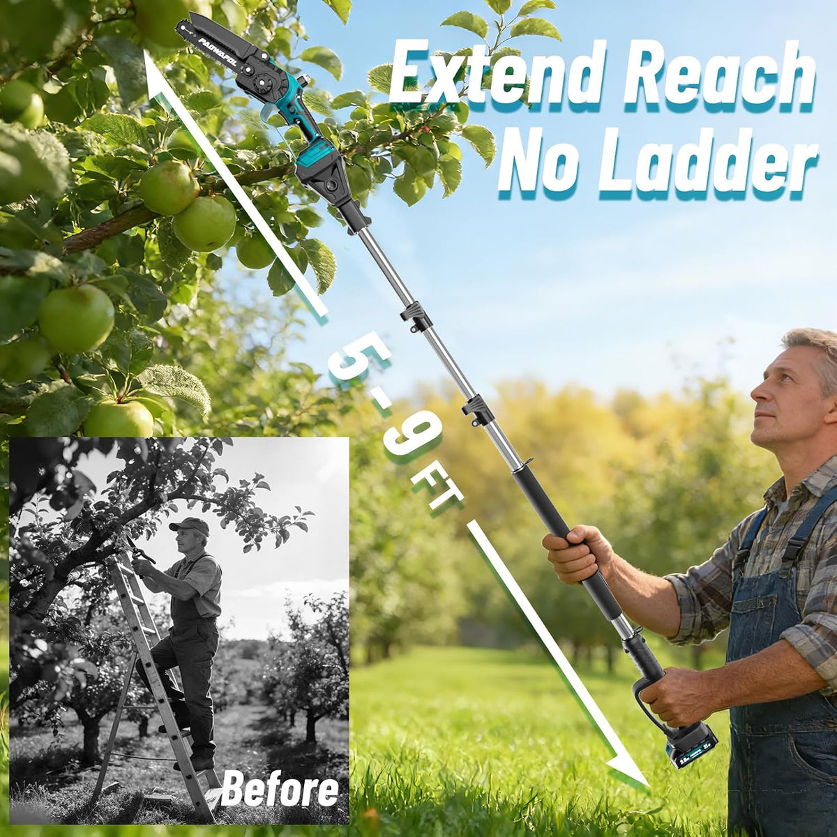 2-in-1 Pole Saws for Tree Trimming, Mini Chainsaw Cordless 6 Inch with 15 FT Max Reach, Electric Pole Saw with 2*21V Batterys, Auto-Oil Brushless Branch Cutter for Tree Trimmer Pole Saw Blue
