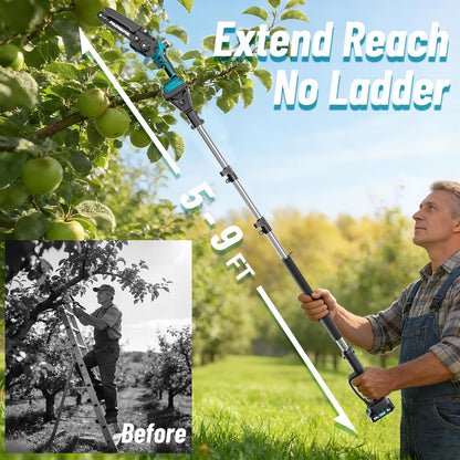 2-in-1 Pole Saws for Tree Trimming, Mini Chainsaw Cordless 6 Inch with 15 FT Max Reach, Electric Pole Saw with 2*21V Batterys, Auto-Oil Brushless Branch Cutter for Tree Trimmer Pole Saw Blue