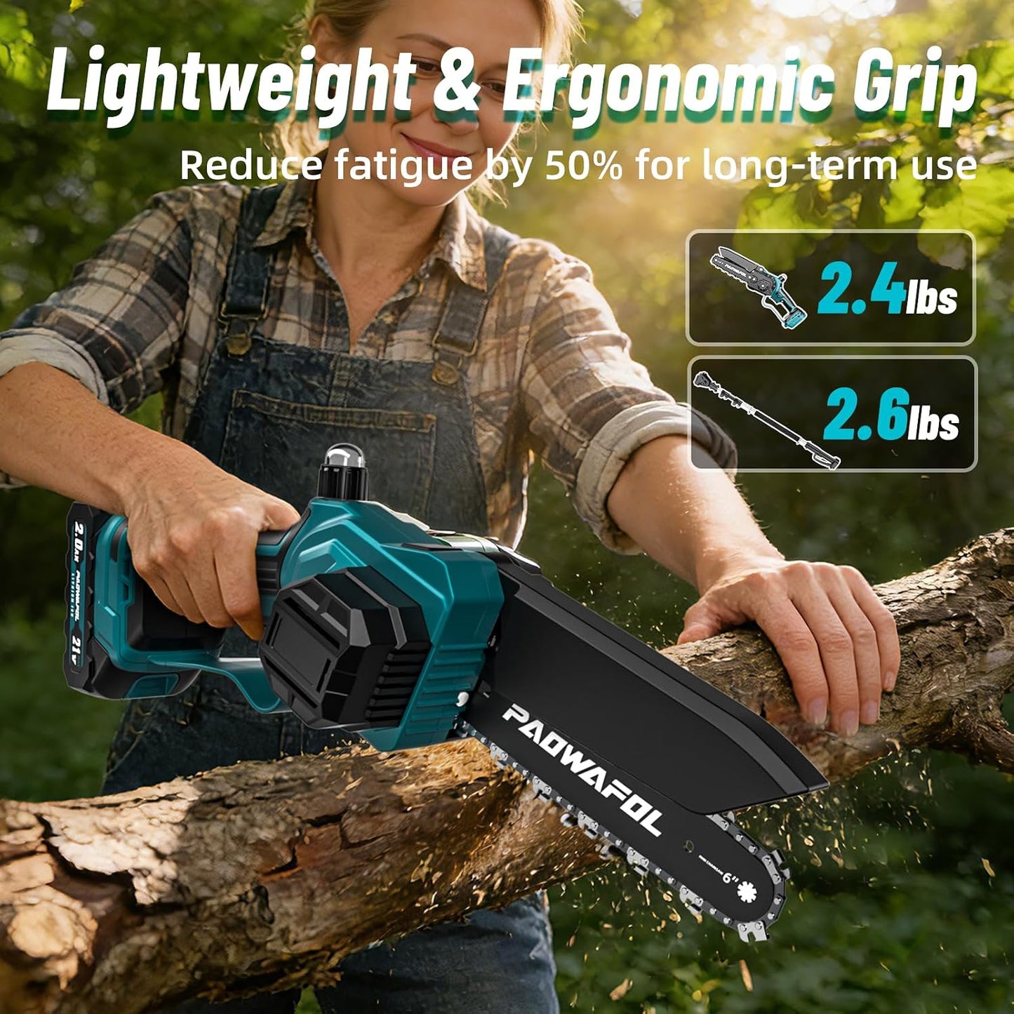 2-in-1 Pole Saws for Tree Trimming, Mini Chainsaw Cordless 6 Inch with 15 FT Max Reach, Electric Pole Saw with 2*21V Batterys, Auto-Oil Brushless Branch Cutter for Tree Trimmer Pole Saw Blue